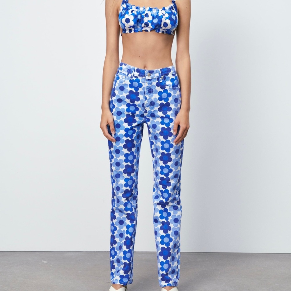 Zara Floral Straight Leg Jeans